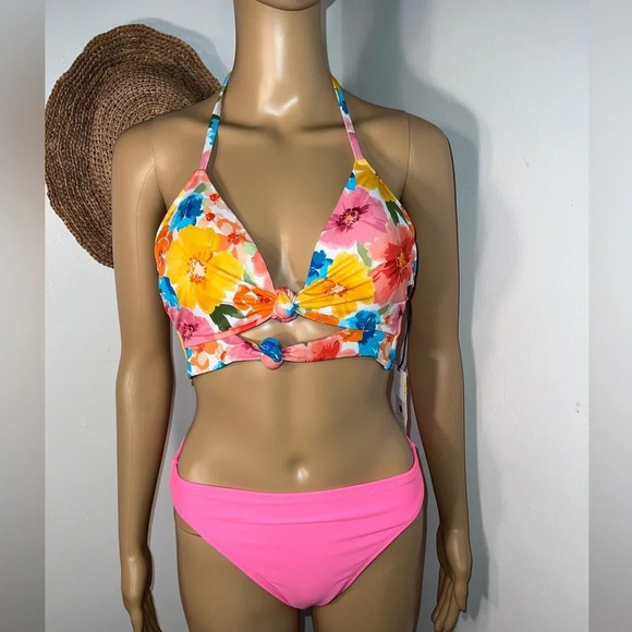 Shade &Shore, 34B, NWT Pink floral, bikini top with a halter neck,waist tie - Picture 7 of 11